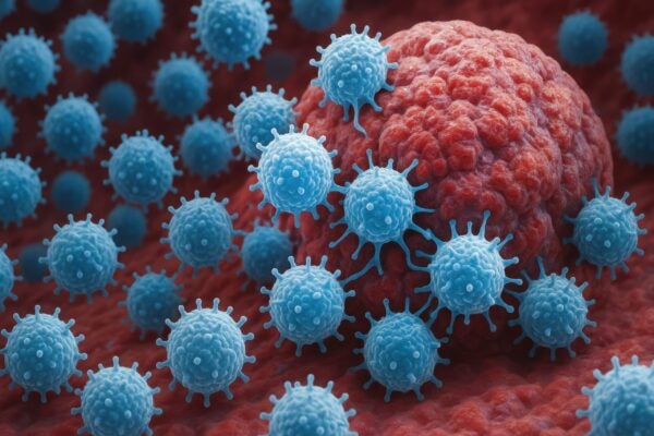 Rendering of a cancer cell covered in small blue immune cells