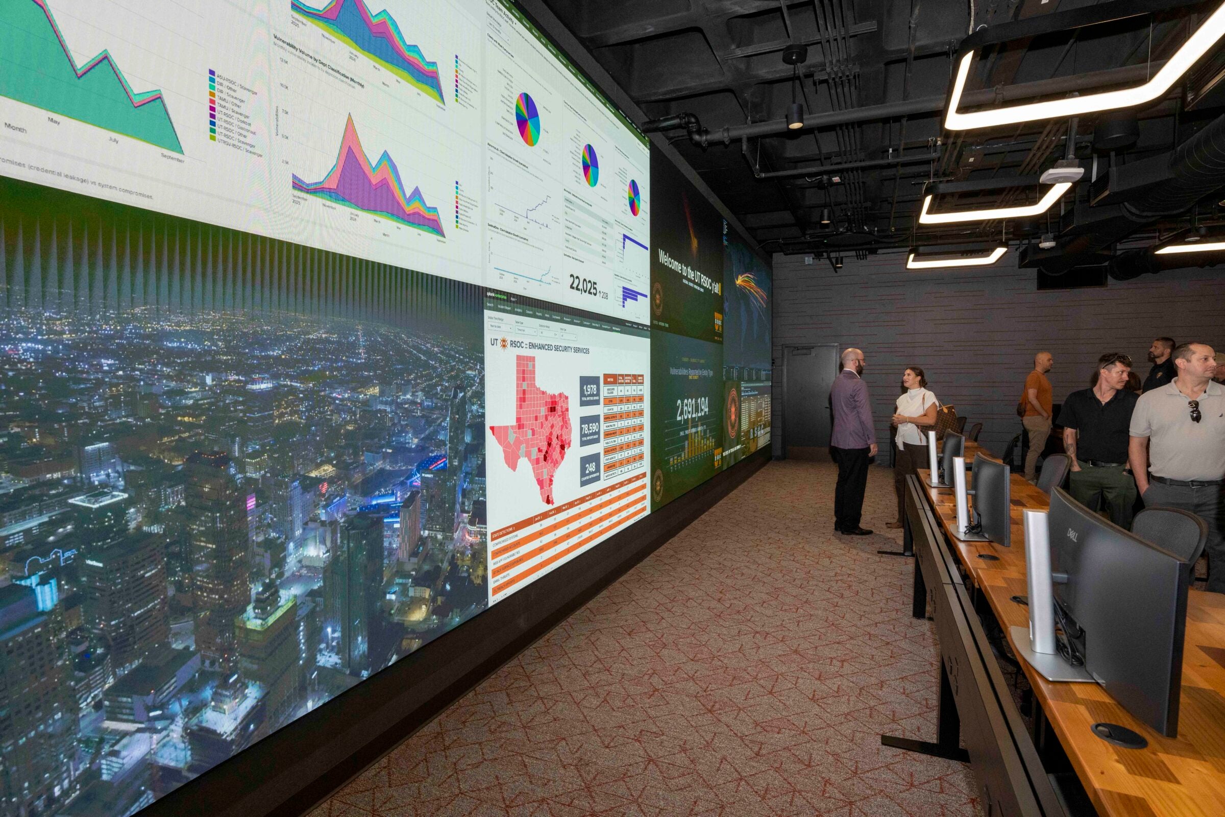 The screen in the UT-RSOC analyst room is one of the largest on campus, second to the jumbotron at Darrell K Royal-Texas Memorial Stadium.