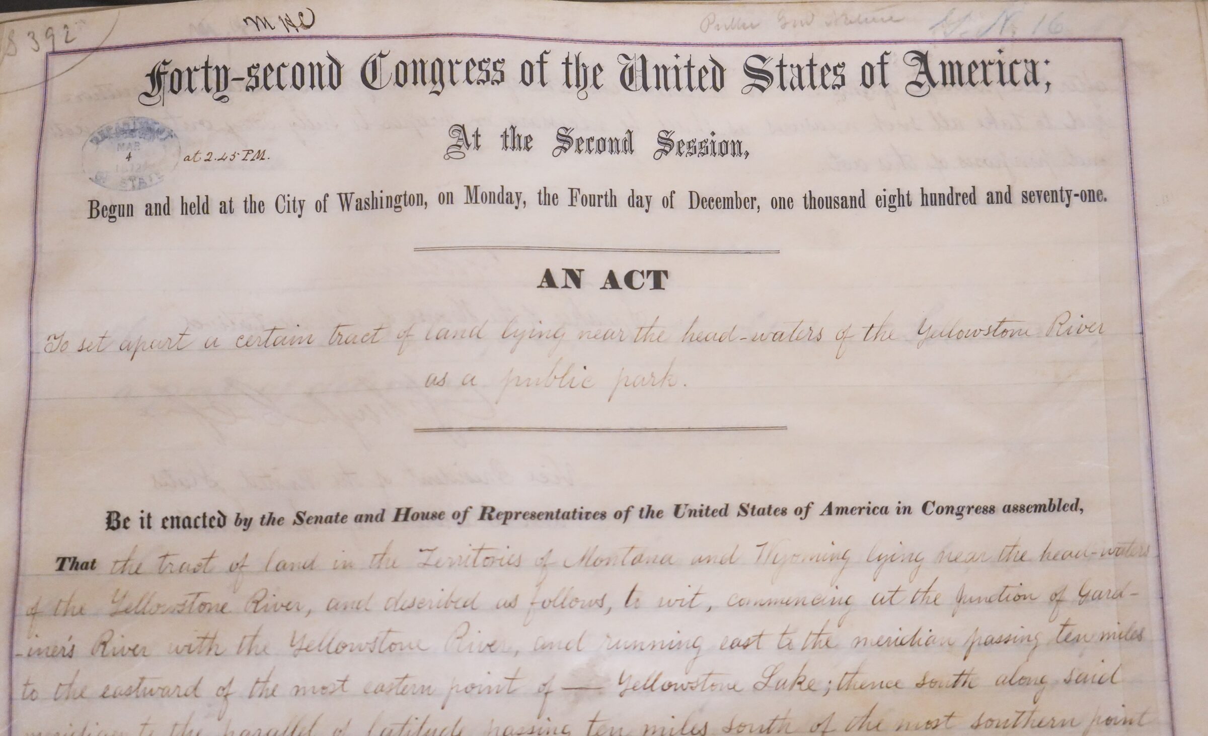 Yellowed document from 1871, an act of Congress written in cursive