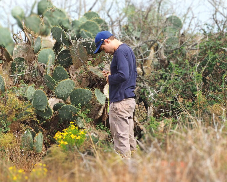 Colin Morris in a field with tall cactus
