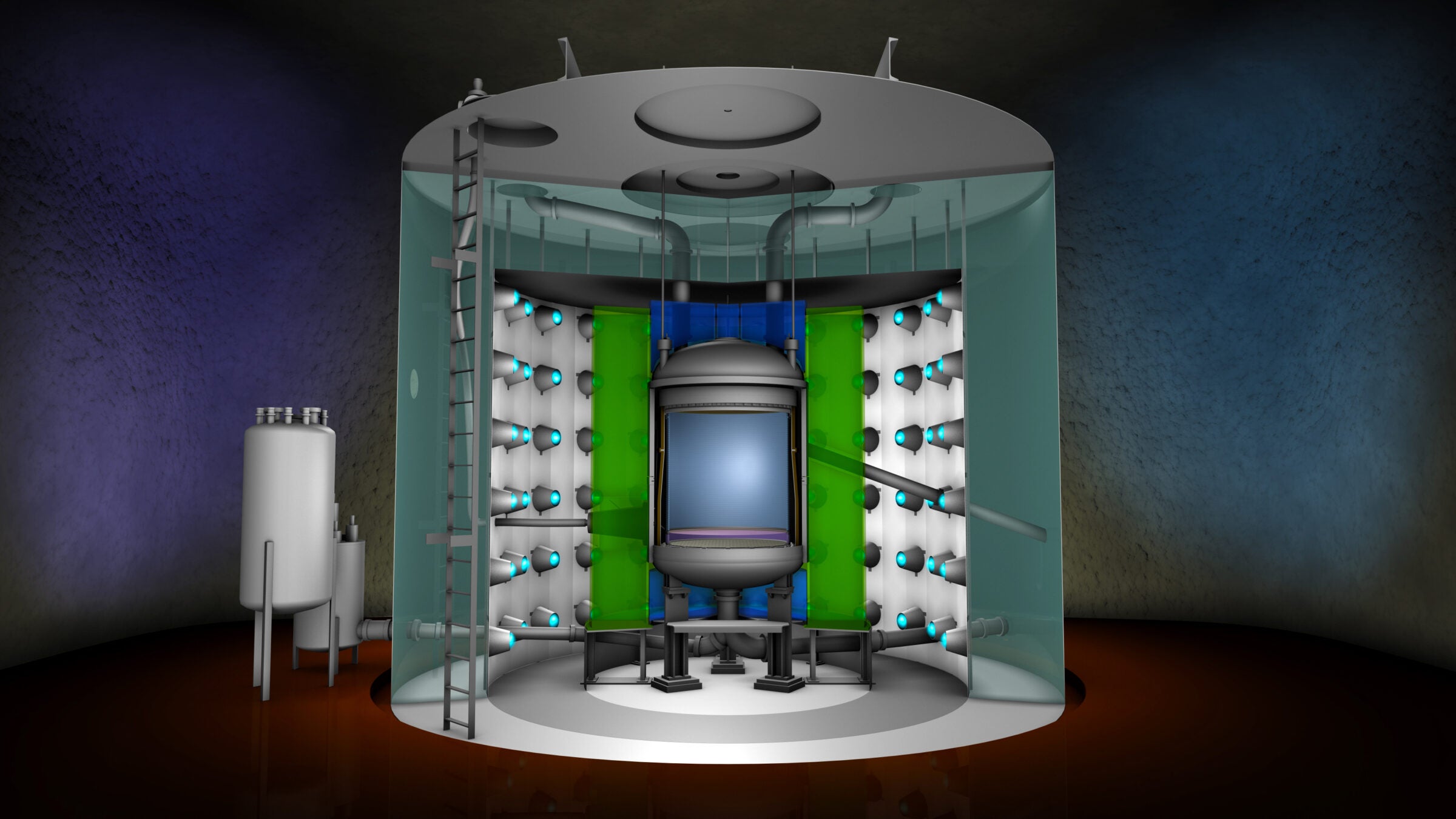 LZ uses a cylindrical chamber full of liquid xenon to look for dark matter. It is surrounded by additional layers to detect or block background particles. Photo by Greg Stewart, SLAC National Accelerator Laboratory