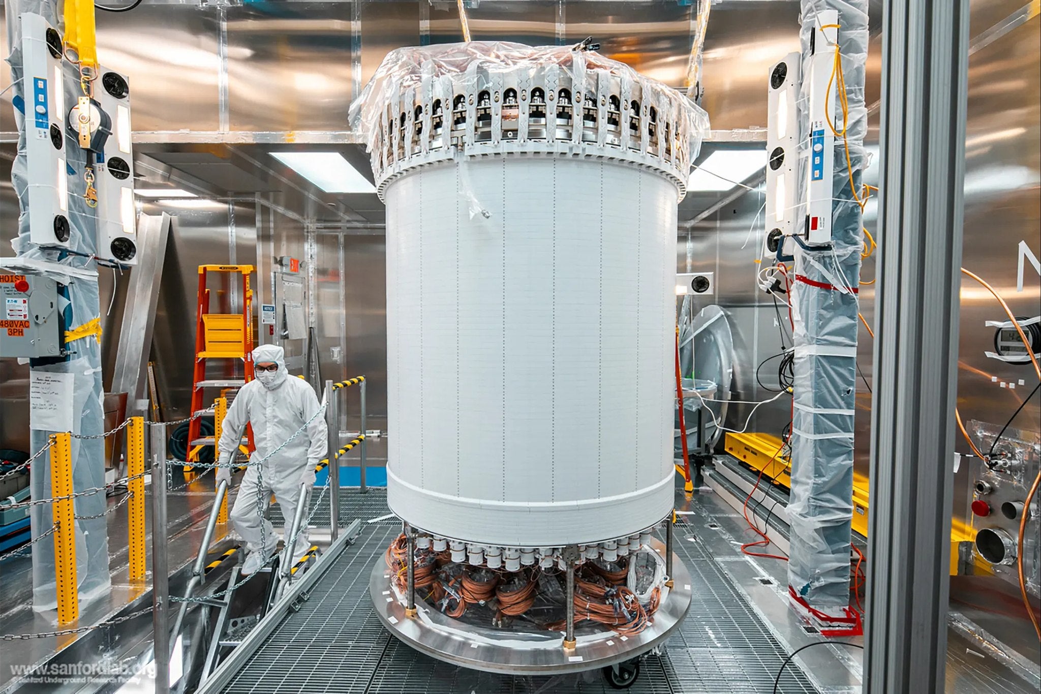 The LUX-ZEPLIN main detector in a surface lab before installation underground. Photo by Matthew Kapust / Sanford Underground Research Facility