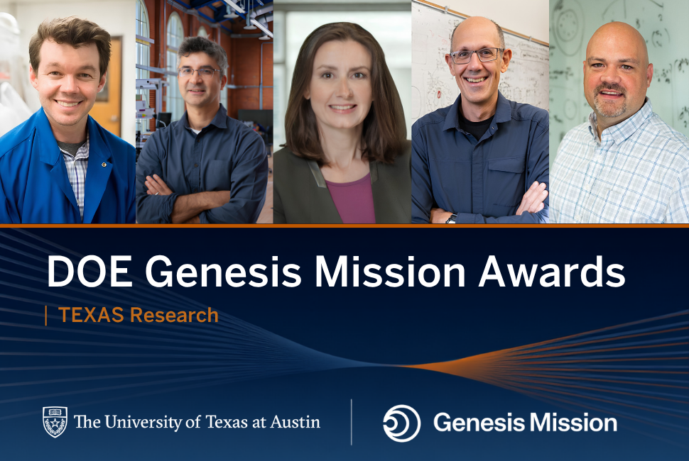 A row of five headshots above white and burnt orange text on a navy blue background that reads "DOE Genesis Mission Awards / Texas Research" above the University of Texas at Austin and Genesis Mission logos.