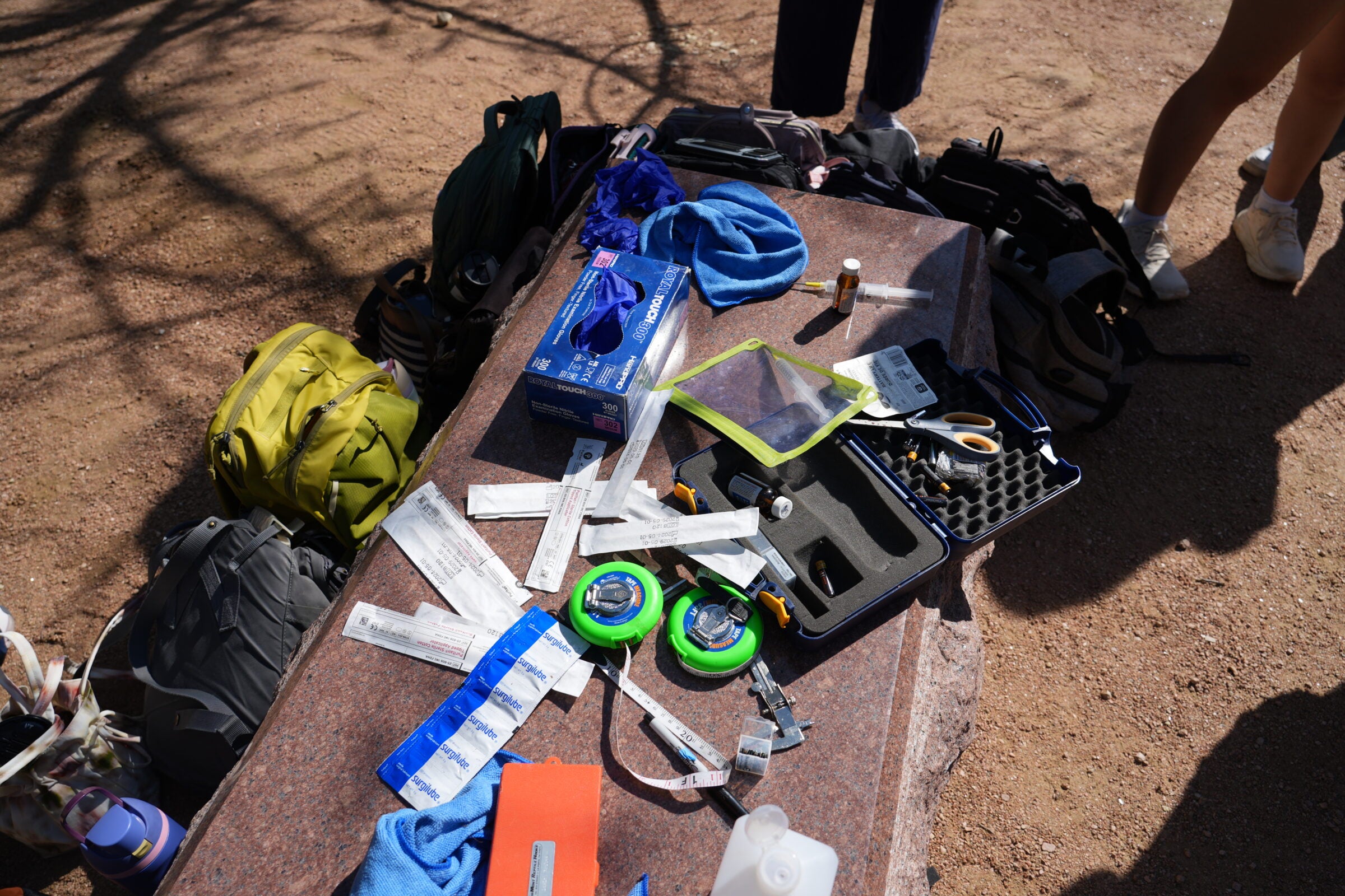 A splay of lab materials including gloves, tracking tags, measuring tape and packaged swabbing sticks, are spread out on a granite slab outside.