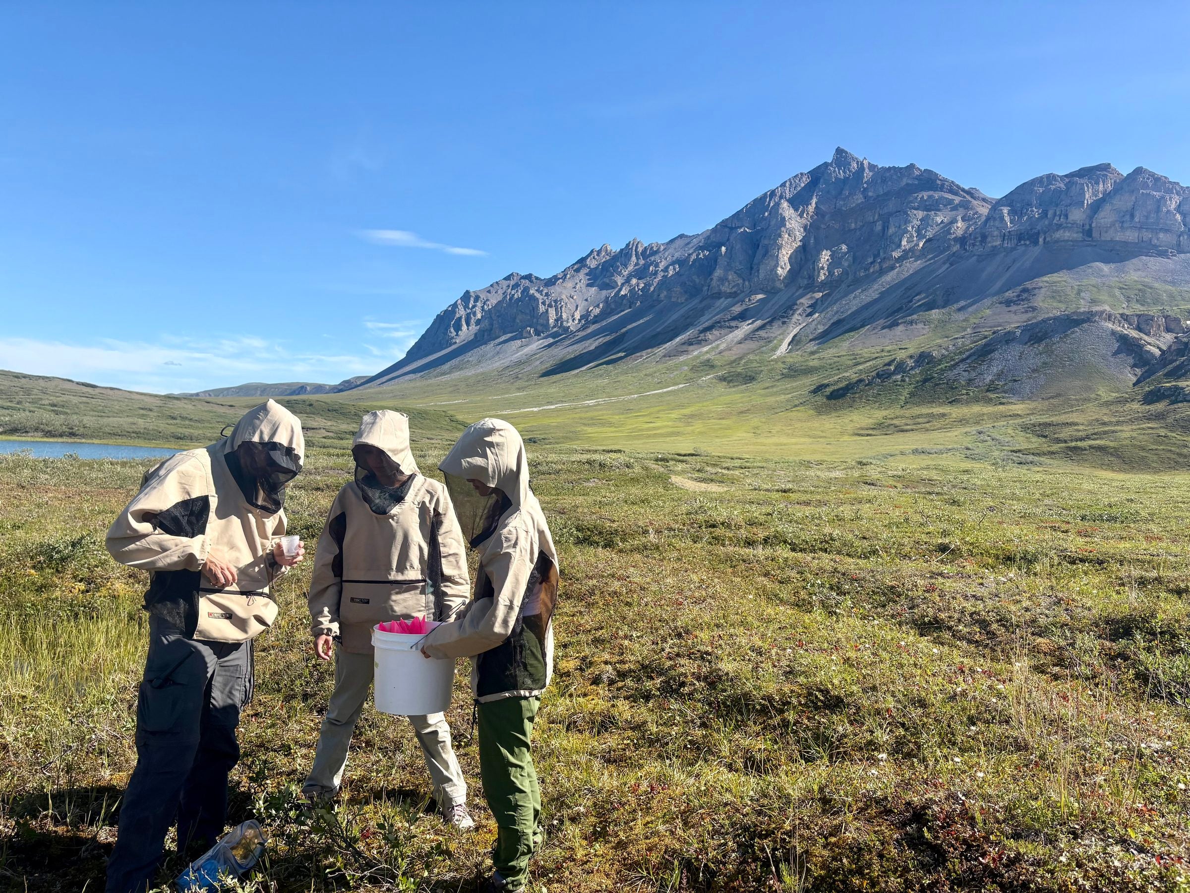 Three people stand together in front of a mountain range wearing thick coats and holding buckets.