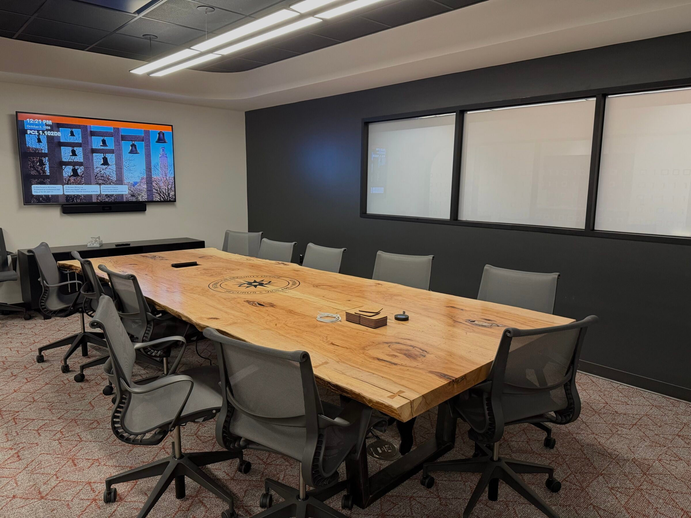 The conference room table in UT-RSOC’s office was once the largest pecan tree in Texas until it fell due to natural causes.