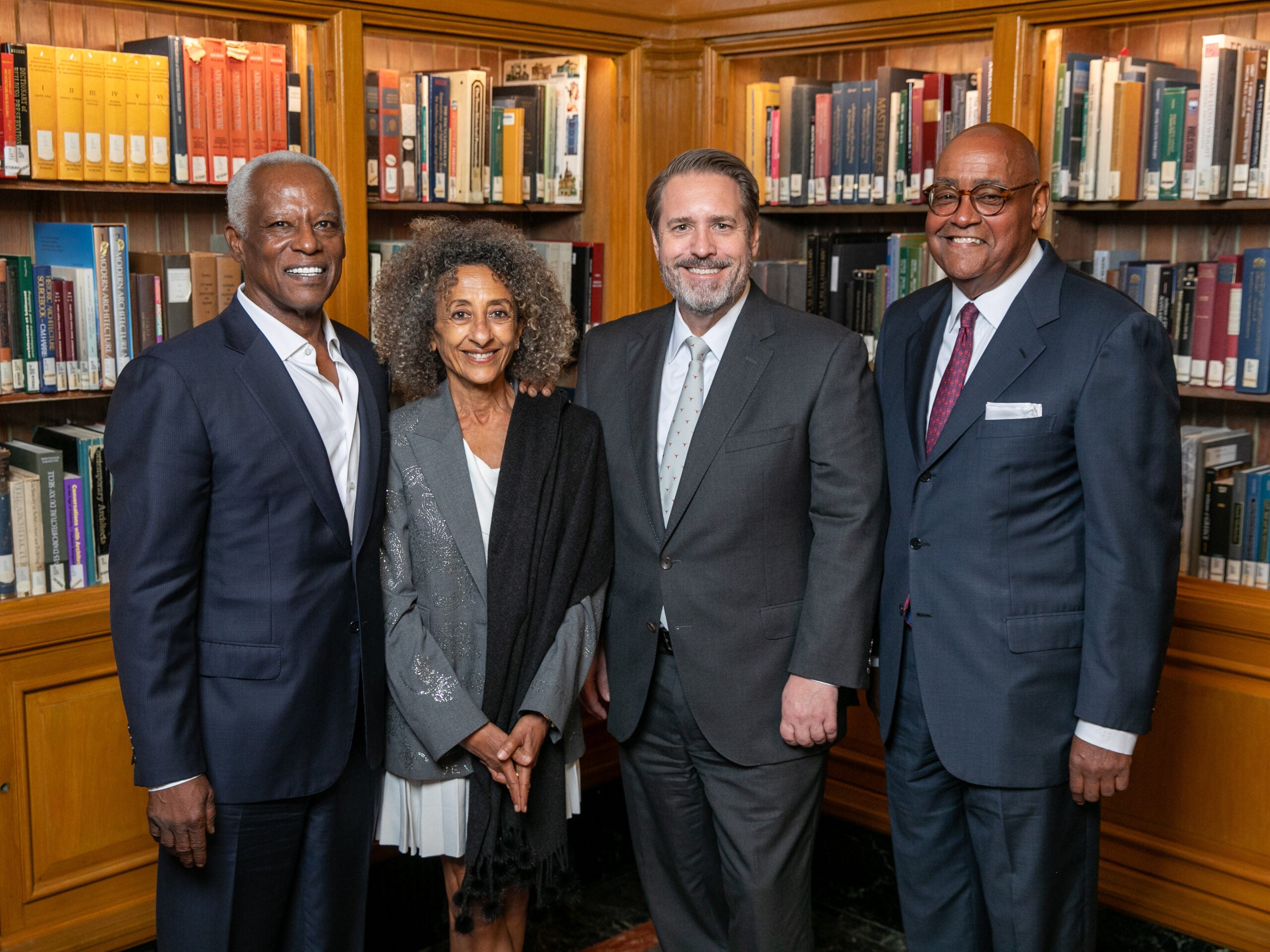Left to right: Anthony “Tony” Chase, Dina Al-Sowayel, UT President Jim Davis and Harris County Commissioner Rodney Ellis.