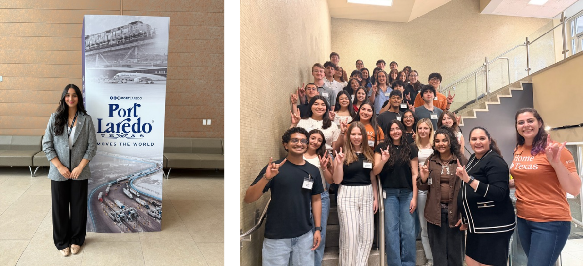 collage image of a student in front of a poster and a group of students in a stairwell