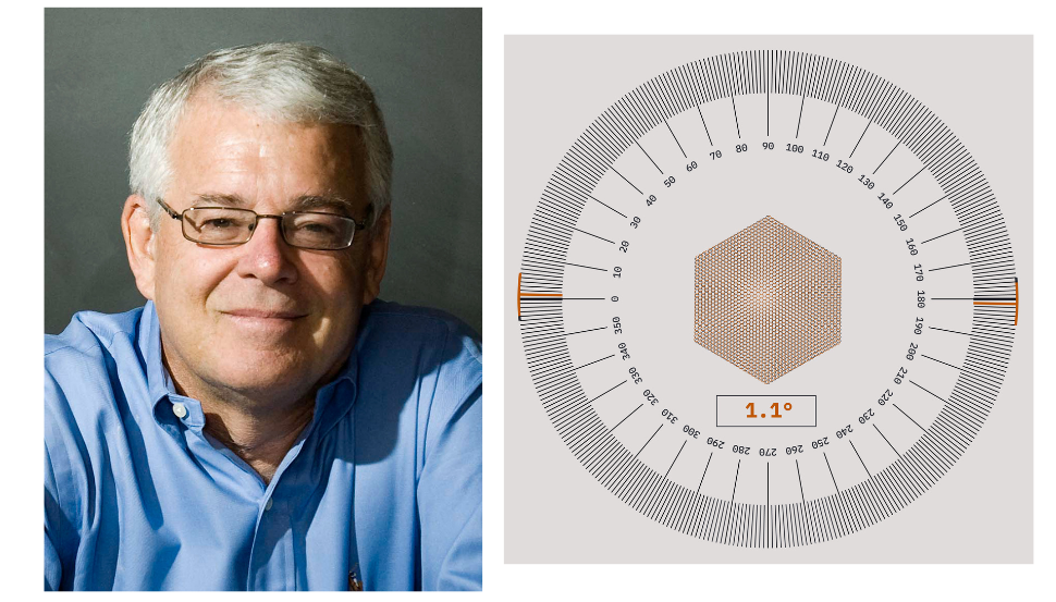A collage of two photos. At left, a portrait of a man wearing glasses and a blue shirt. At right, a diagram of twistronics.