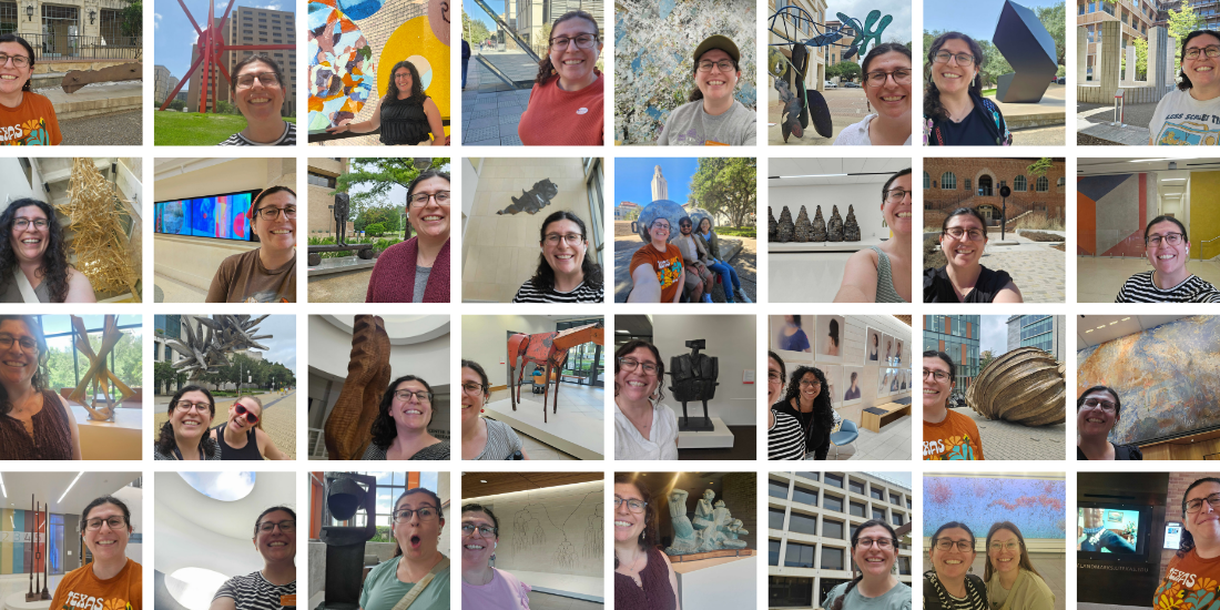 a collage of 24 images of a woman taking selfies in front of public art