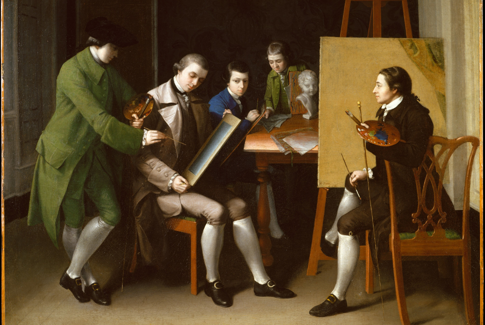 An image of the painting "The American School" by Matthew Pratt.