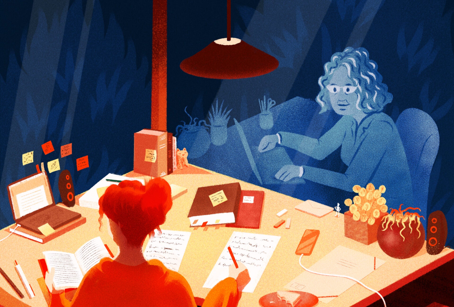 drawing of two people working at desks