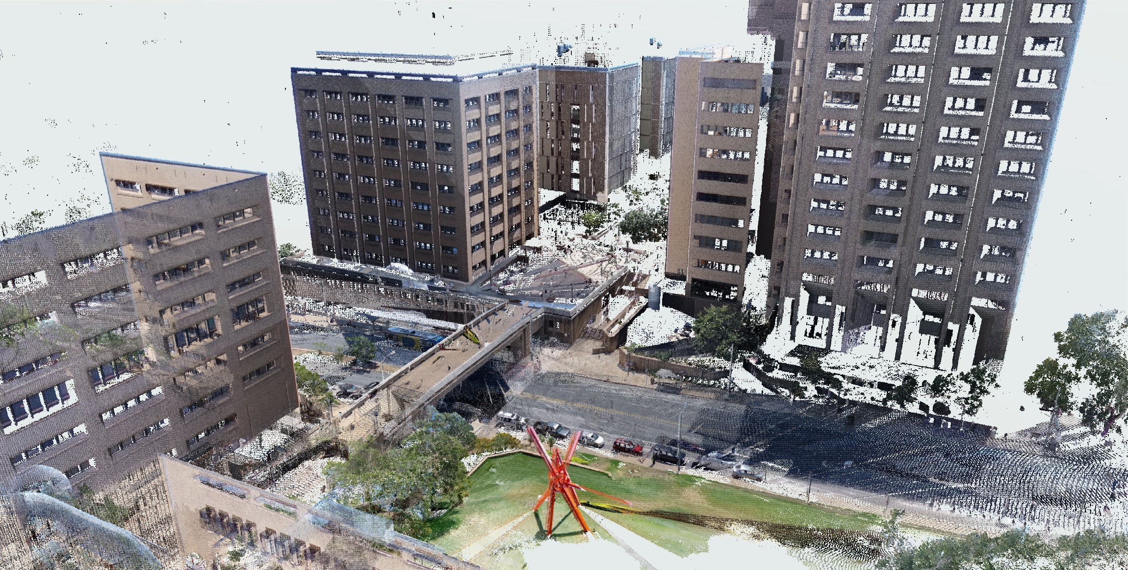 A 3D visualization of buildings on the University of Texas at Austin campus.