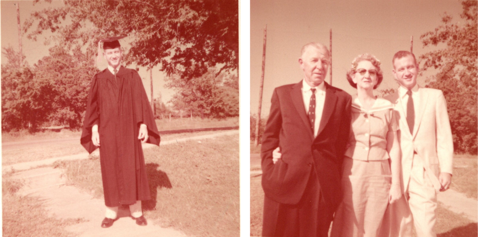 A collage of two photos. At left, a graduate poses in a black cap and gown. At right, two men and a woman pose for a photo.