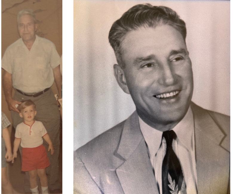 A collage of two photos. At left, a man and a child pose for a photo. At right, a portrait of a man.