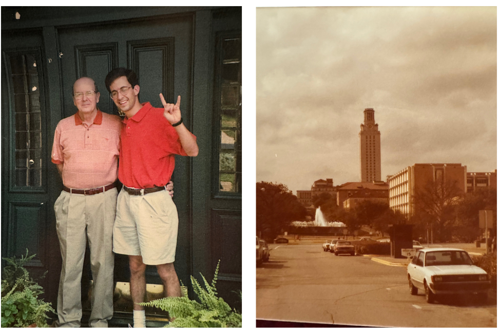 A collage of two photos. At left, a father and son pose for a photo on a front porch. At right, a vintage photo of the University of Texas at Austin Tower.