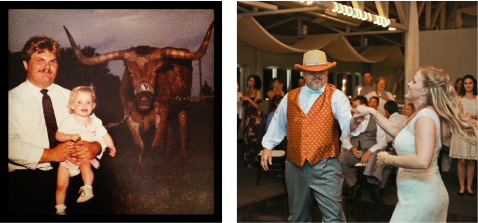 A collage of two photos. At left, a father poses for a photo with his baby in front of a large image of University of Texas at Austin mascot Bevo. At right, a bride dances with her father at her wedding reception.