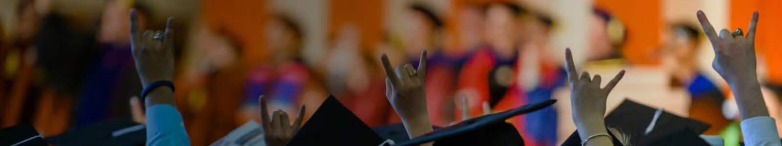 Hands in crowd holding up Hook 'em sign