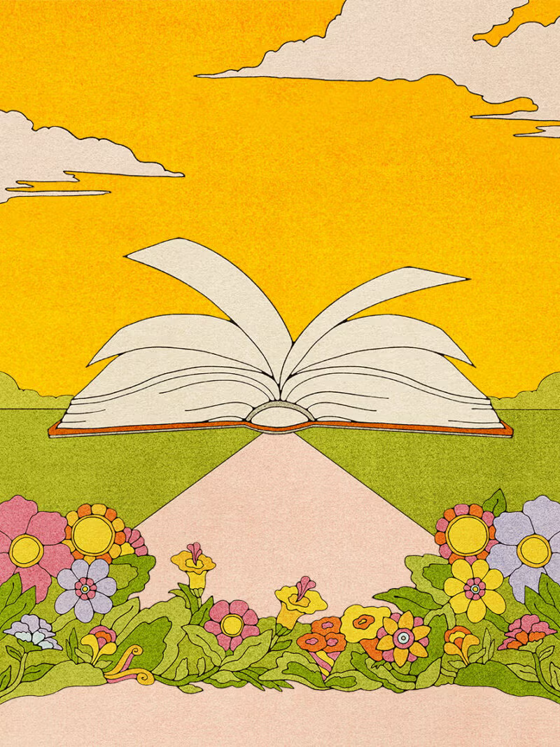 Illustration of open book in a landscape