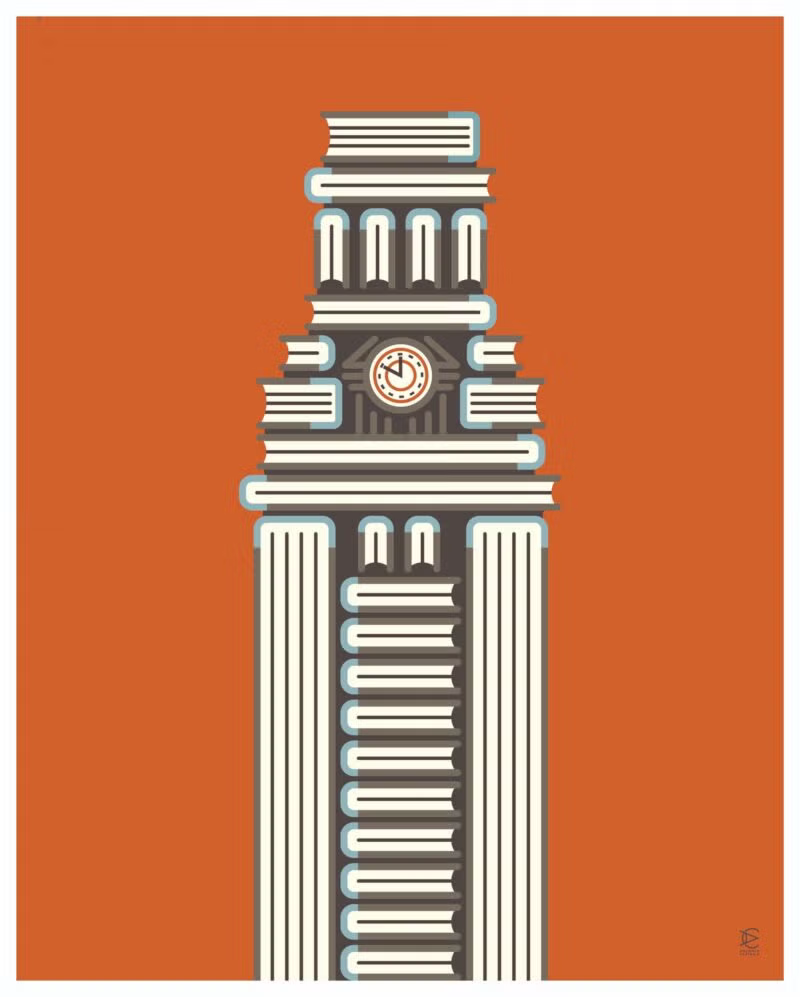 Illustration of UT Tower made of books set against burntorange background.