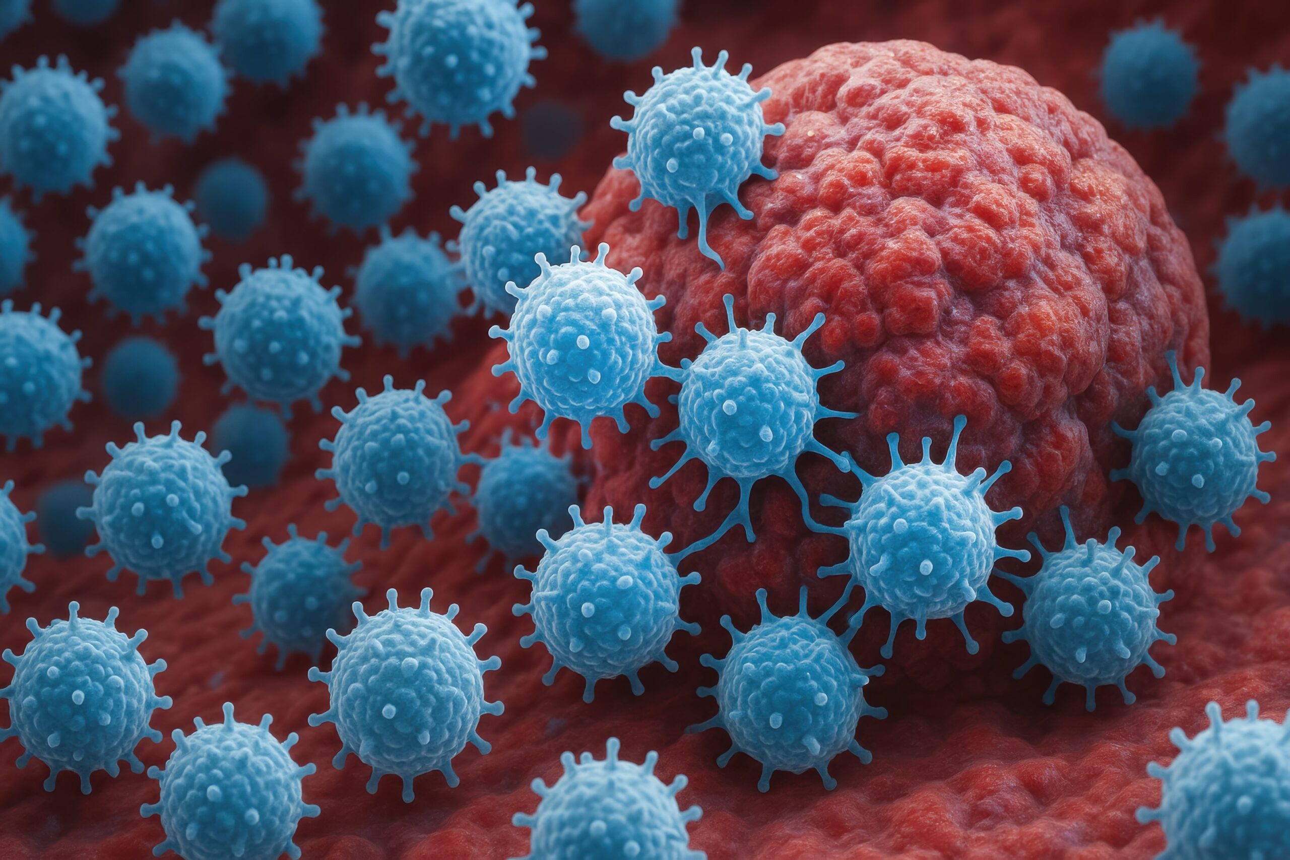 Rendering of a cancer cell being attacked by blue immune cells.