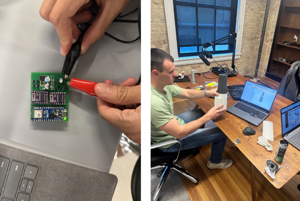 A collage of two images of people working on sprinkler prototypes.