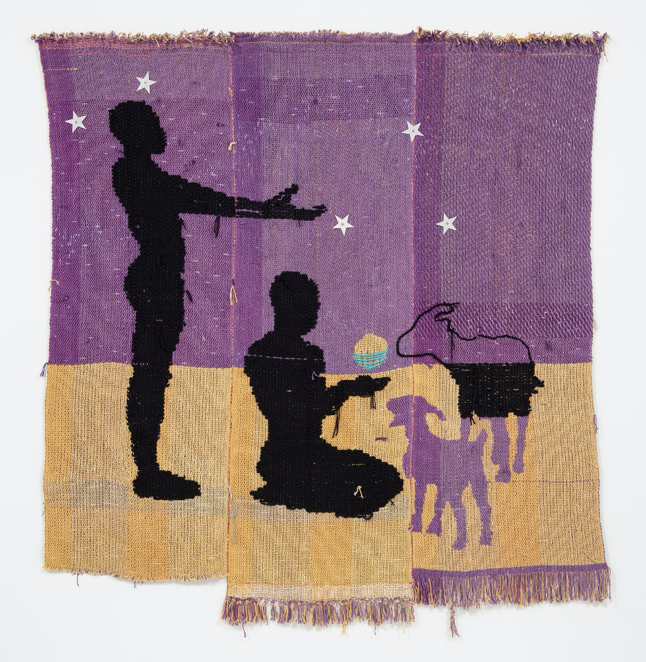 Diedrick Brackens, “the cup is a cloud,” 2018. Cotton and acrylic yarn and mirrors, 74 x 78 in. Collection of Scott and Cissy Wolfe. Image courtesy the artist; Various Small Fires, Los Angeles / Seoul; and Jack Shainman, New York © Diedrick Brackens