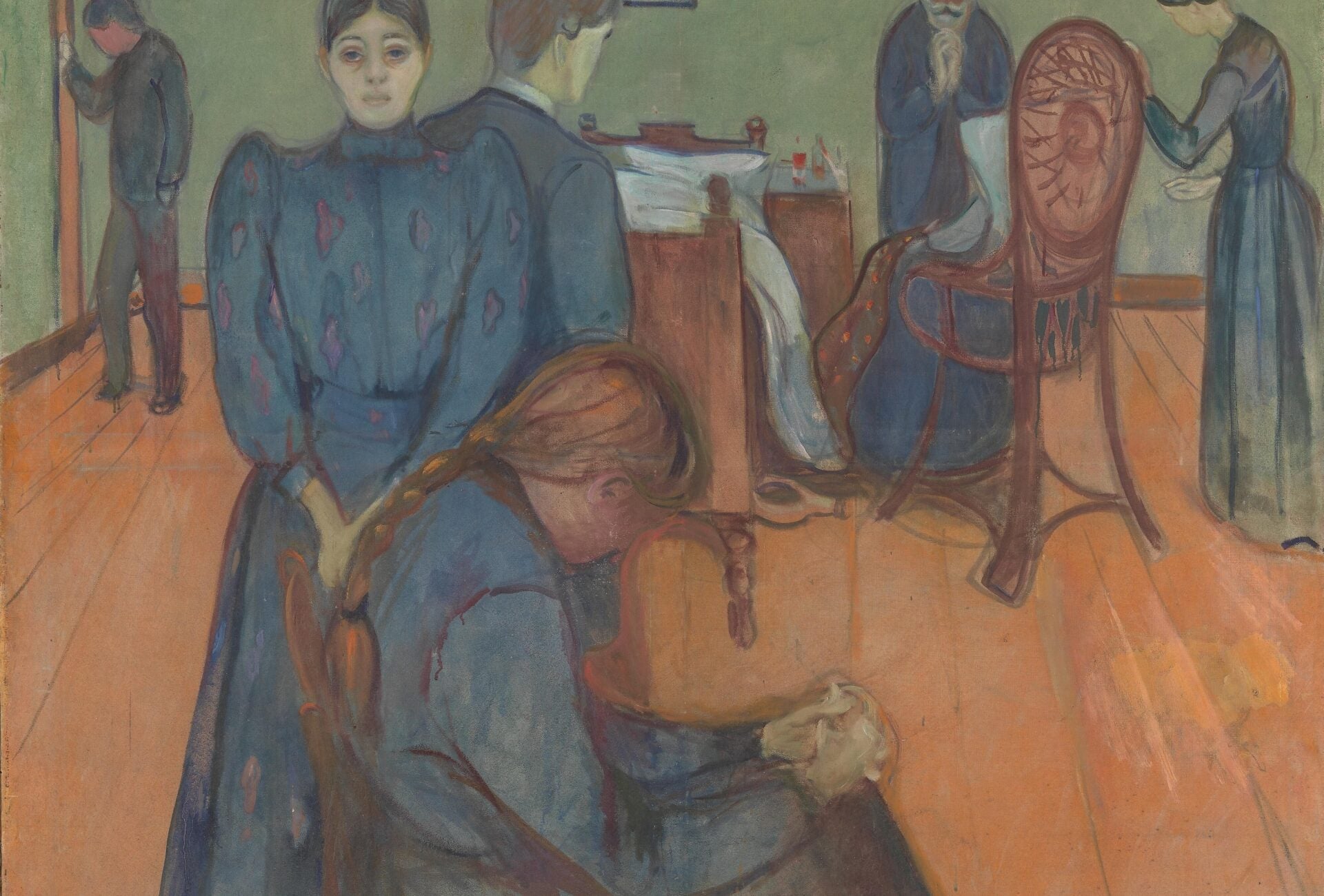 painting of a woman sitting in a chair in a room with others by Edvard Munch